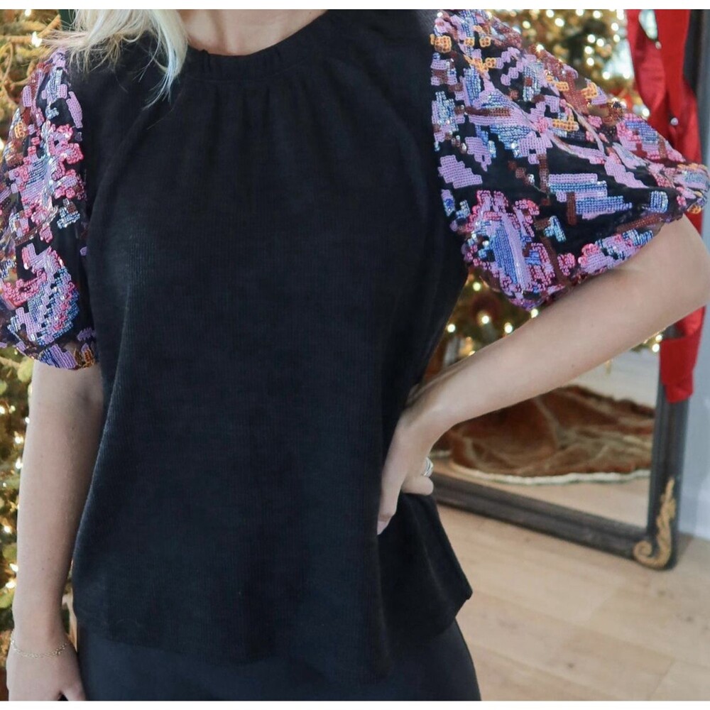 THML Black Knit Top with Purple Pink Sequin Puff Sleeves Size S Small EUC!!